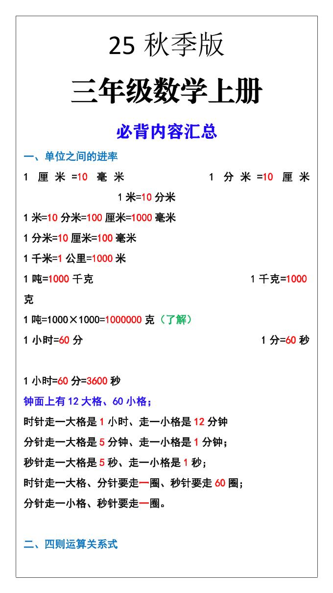 【2025秋新版】三年级数学上册必背内容汇总金榜学科-专注整理分享幼、小、初、高学科教资，一站式解决孩子学习资料难题，帮助孩子全方位提升成绩。金榜学科