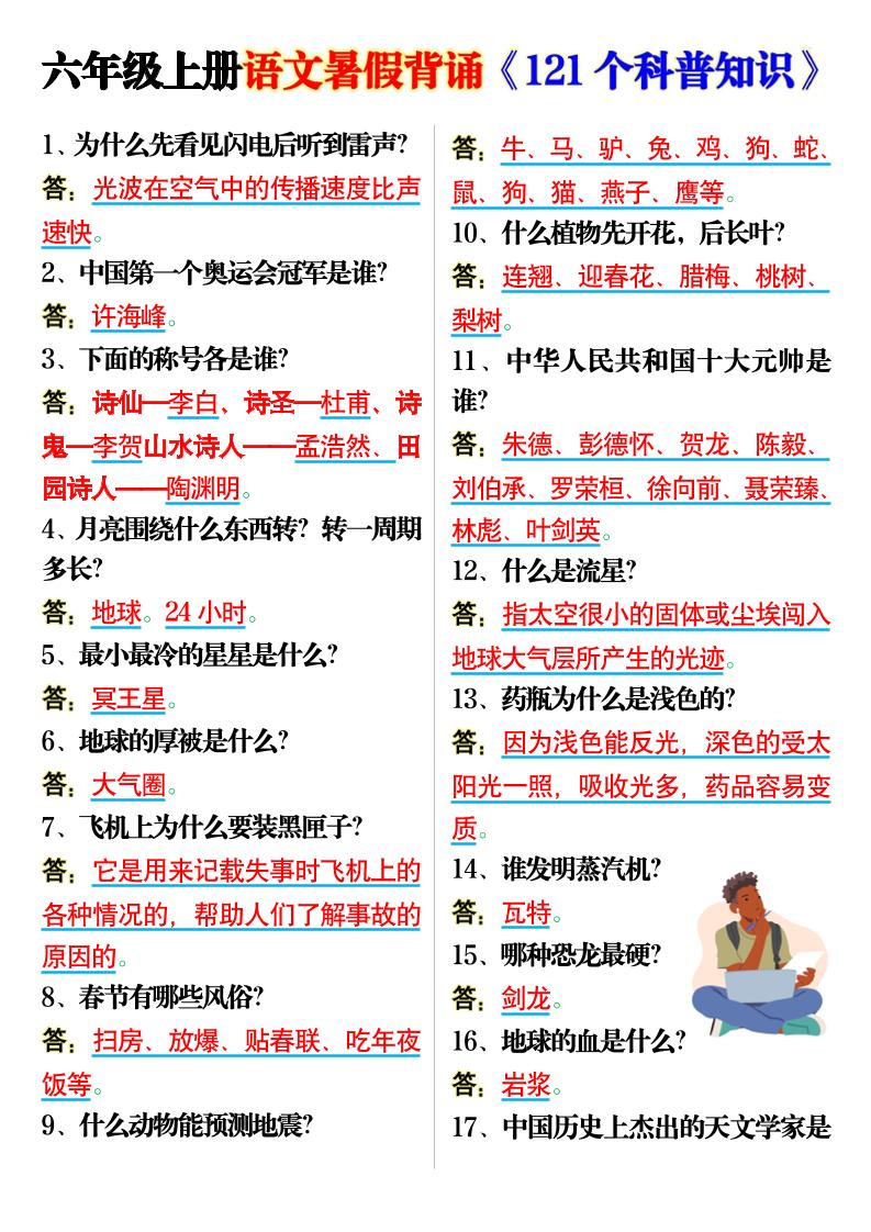 六上语文背诵《121个科普知识》7页金榜学科-专注整理分享幼、小、初、高学科教资，一站式解决孩子学习资料难题，帮助孩子全方位提升成绩。金榜学科