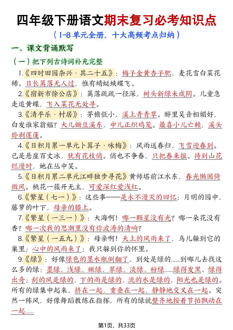 四年级下册语文期末复习必考知识点金榜学科-专注整理分享幼、小、初、高学科教资，一站式解决孩子学习资料难题，帮助孩子全方位提升成绩。金榜学科