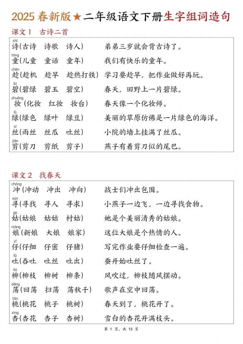 25春二下语文写字表生字组词造句（15页）金榜学科-专注整理分享幼、小、初、高学科教资，一站式解决孩子学习资料难题，帮助孩子全方位提升成绩。金榜学科