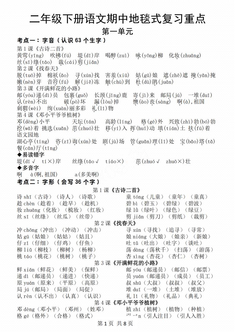 二年级下册语文期中地毯式复习重点8页金榜学科-专注整理分享幼、小、初、高学科教资，一站式解决孩子学习资料难题，帮助孩子全方位提升成绩。金榜学科