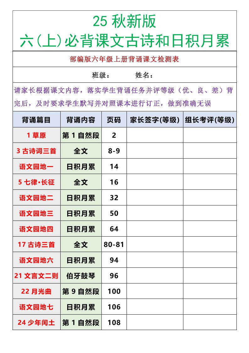 【2025秋新版】六年级语文上册必背课文内容古诗和日积月累金榜学科-专注整理分享幼、小、初、高学科教资，一站式解决孩子学习资料难题，帮助孩子全方位提升成绩。金榜学科