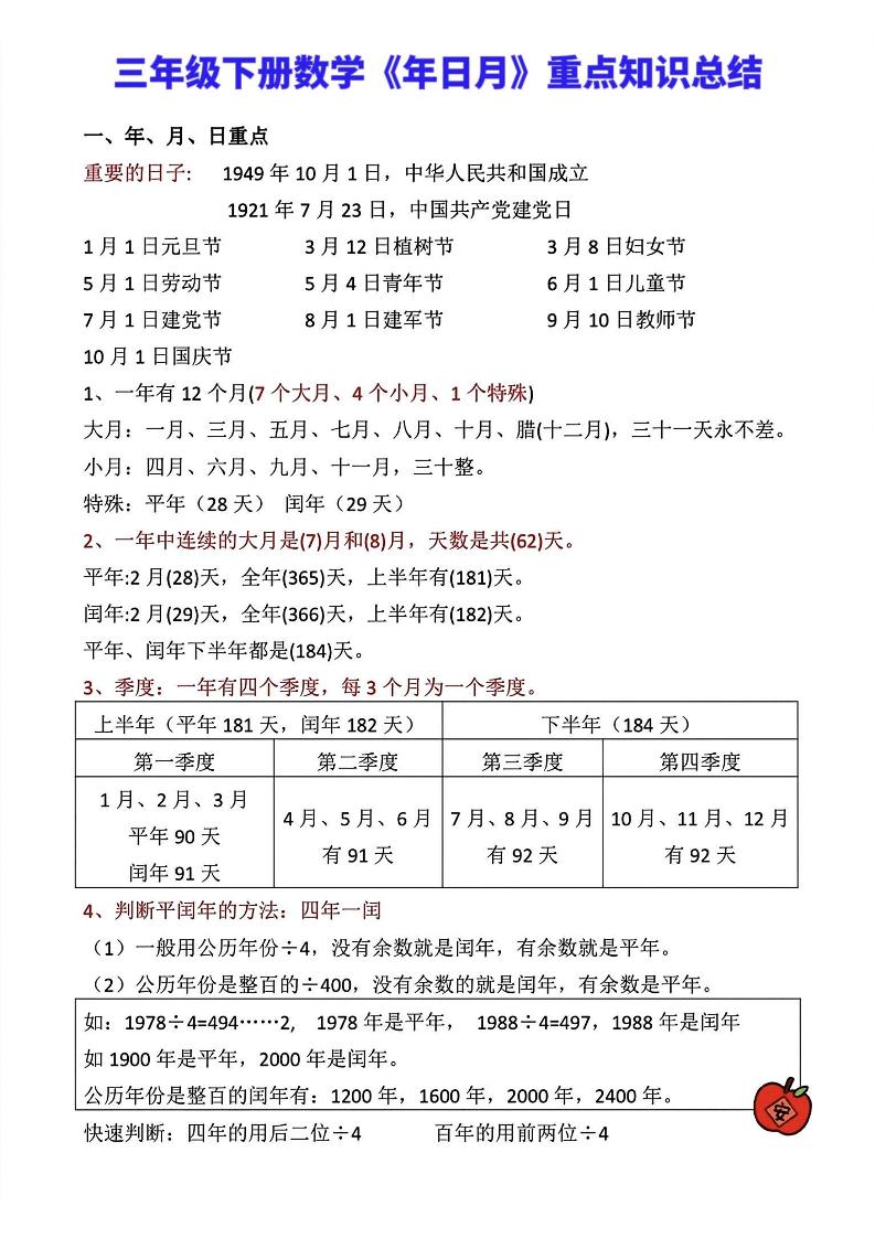 三年级下册数学《年日月》知识点汇总金榜学科-专注整理分享幼、小、初、高学科教资，一站式解决孩子学习资料难题，帮助孩子全方位提升成绩。金榜学科