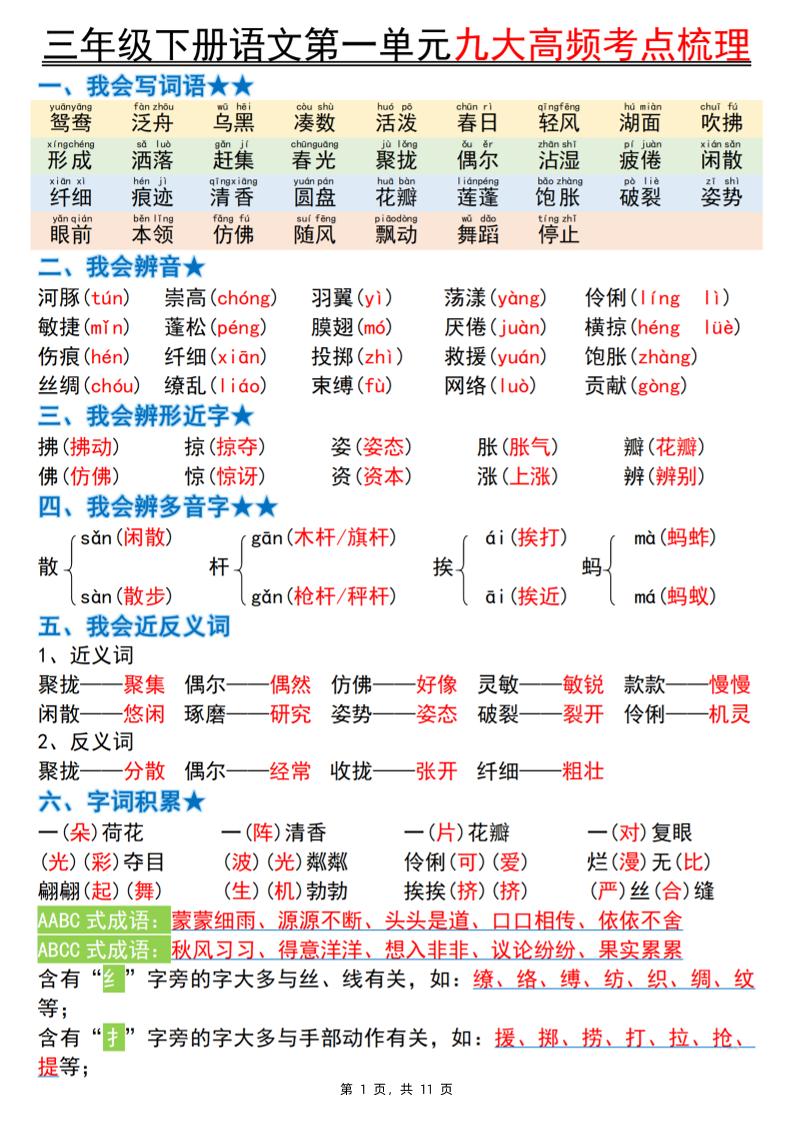 三下语文期中复习1-4单元高频考点梳理（11页）金榜学科-专注整理分享幼、小、初、高学科教资，一站式解决孩子学习资料难题，帮助孩子全方位提升成绩。金榜学科