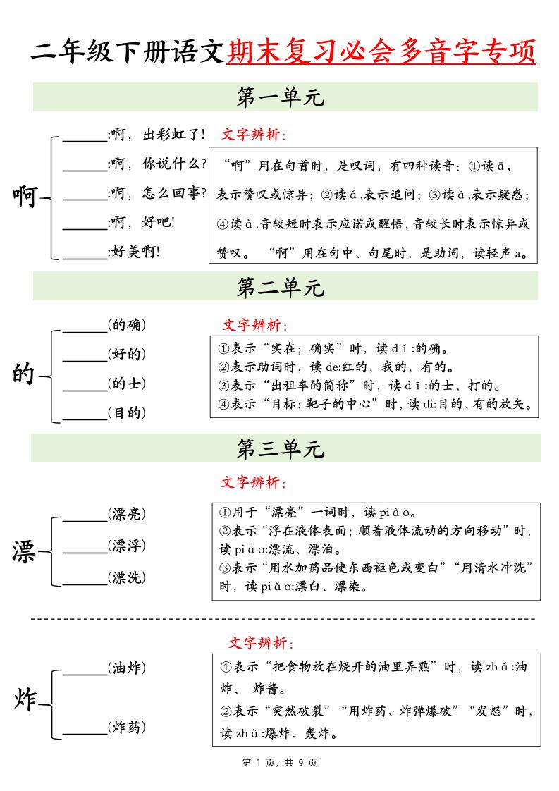 二下语文期末复习必会多音字专项练习（9页）金榜学科-专注整理分享幼、小、初、高学科教资，一站式解决孩子学习资料难题，帮助孩子全方位提升成绩。金榜学科