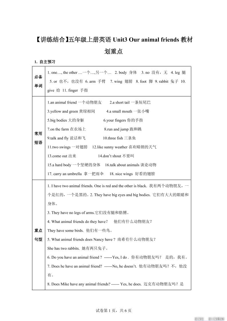 【单元热点难点】译林版（三起）英语五年级上册Unit3Ouranimalfriends教材划重点金榜学科-专注整理分享幼、小、初、高学科教资，一站式解决孩子学习资料难题，帮助孩子全方位提升成绩。金榜学科