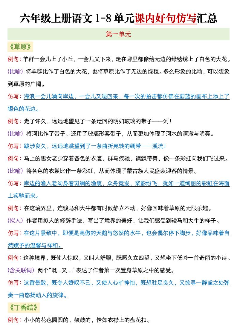 六年级上语文1-8单元课内好句仿写汇总金榜学科-专注整理分享幼、小、初、高学科教资，一站式解决孩子学习资料难题，帮助孩子全方位提升成绩。金榜学科
