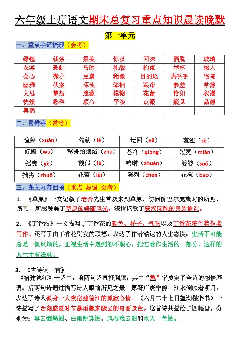 六上语文复习重点晨读单(16页)金榜学科-专注整理分享幼、小、初、高学科教资，一站式解决孩子学习资料难题，帮助孩子全方位提升成绩。金榜学科