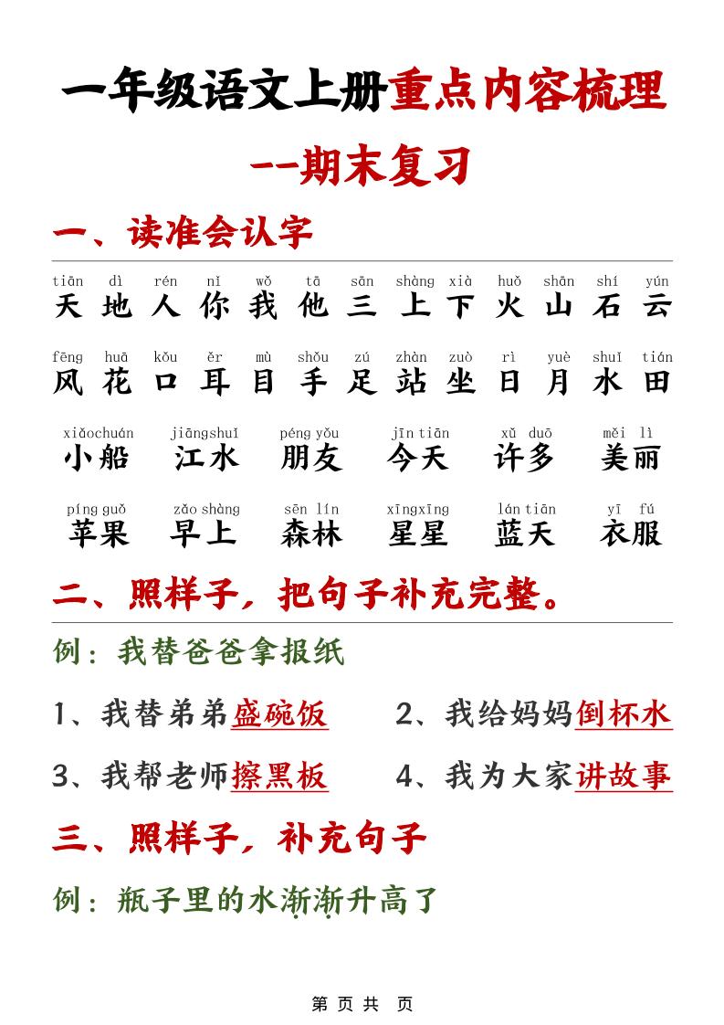 一年级上语文期末重点内容梳理金榜学科-专注整理分享幼、小、初、高学科教资，一站式解决孩子学习资料难题，帮助孩子全方位提升成绩。金榜学科
