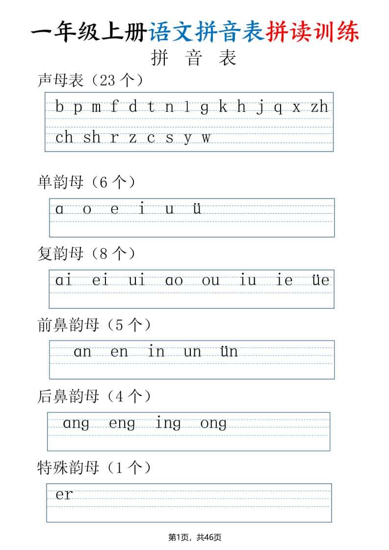 一年级上语文拼读表拼读训练（全46页）金榜学科-专注整理分享幼、小、初、高学科教资，一站式解决孩子学习资料难题，帮助孩子全方位提升成绩。金榜学科
