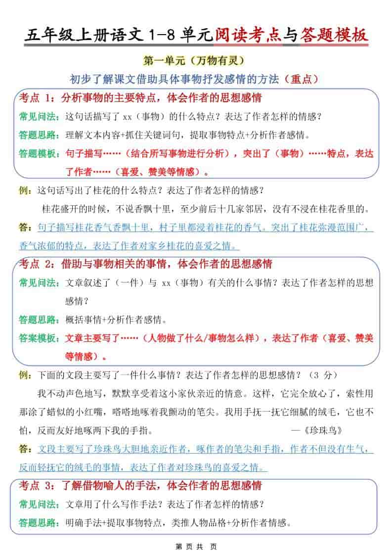 五年级上语文1-8单元阅读考点与答题模板金榜学科-专注整理分享幼、小、初、高学科教资，一站式解决孩子学习资料难题，帮助孩子全方位提升成绩。金榜学科