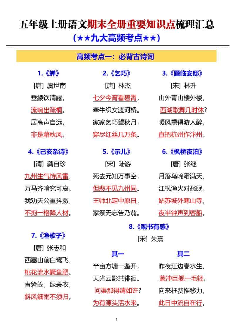 G五年级上册语文期末全册重要知识点梳理汇总金榜学科-专注整理分享幼、小、初、高学科教资，一站式解决孩子学习资料难题，帮助孩子全方位提升成绩。金榜学科