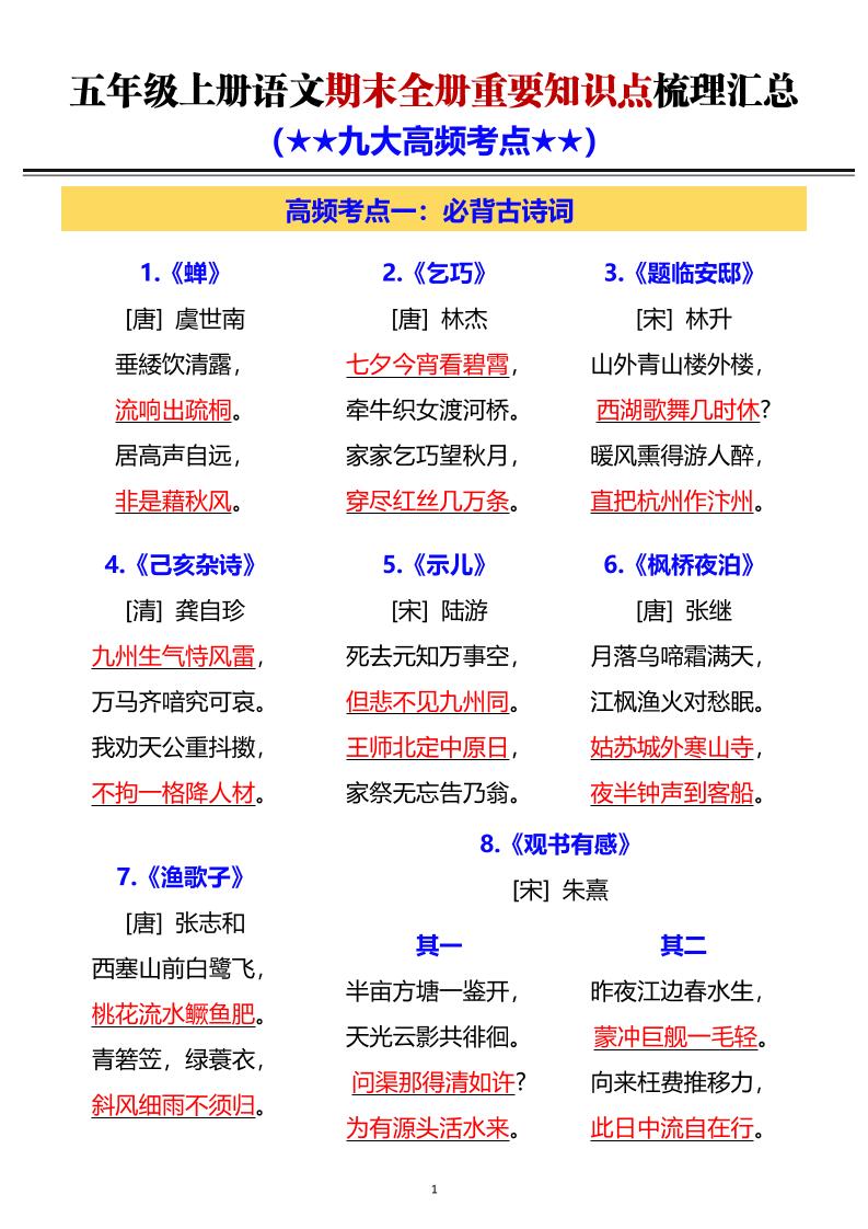 五年级上语文期末全册重要知识点梳理汇总金榜学科-专注整理分享幼、小、初、高学科教资，一站式解决孩子学习资料难题，帮助孩子全方位提升成绩。金榜学科
