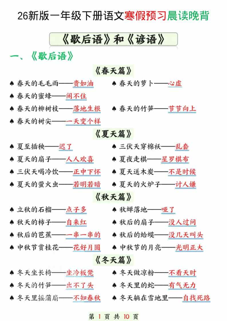 一年级下语文寒假预习晨读晚背（歇后语和谚语）金榜学科-专注整理分享幼、小、初、高学科教资，一站式解决孩子学习资料难题，帮助孩子全方位提升成绩。金榜学科