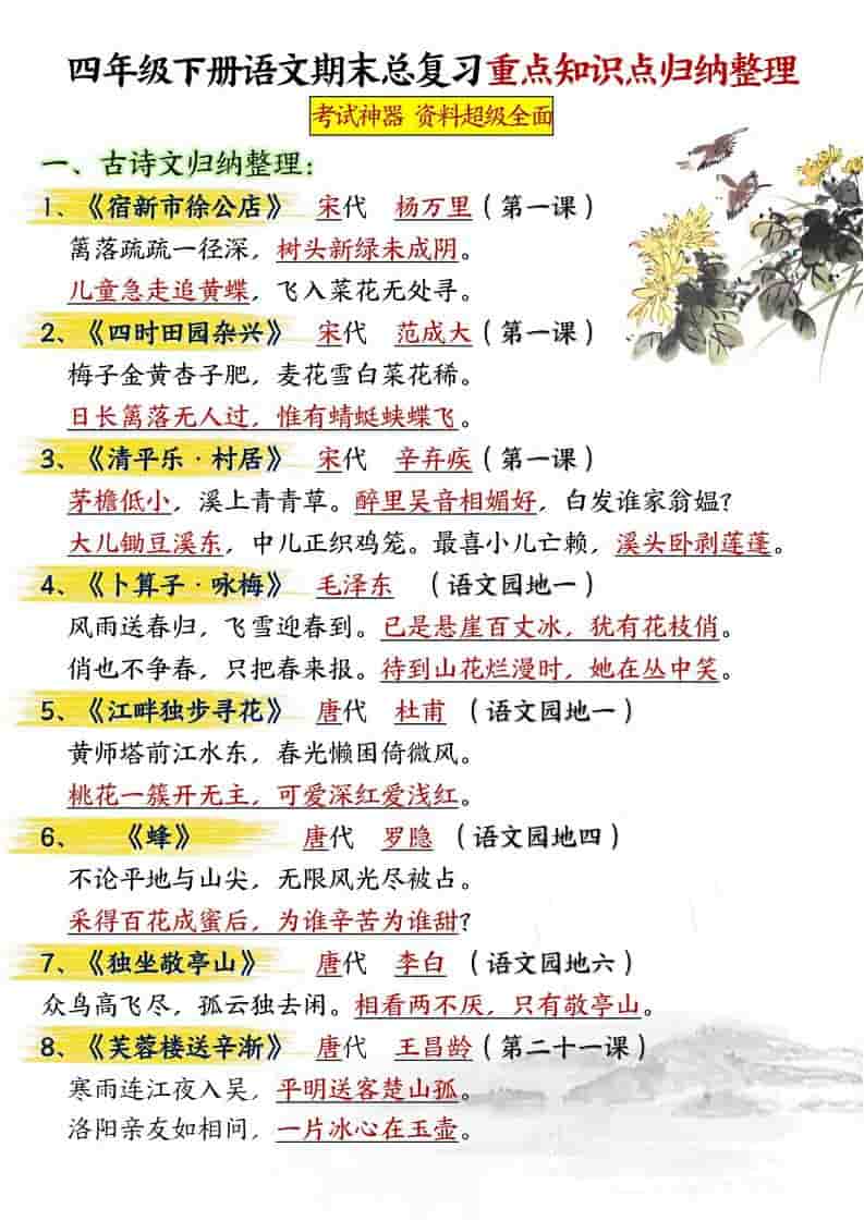 四年级下语文期末总复习重点知识点归纳整理-共29页金榜学科-专注整理分享幼、小、初、高学科教资，一站式解决孩子学习资料难题，帮助孩子全方位提升成绩。金榜学科