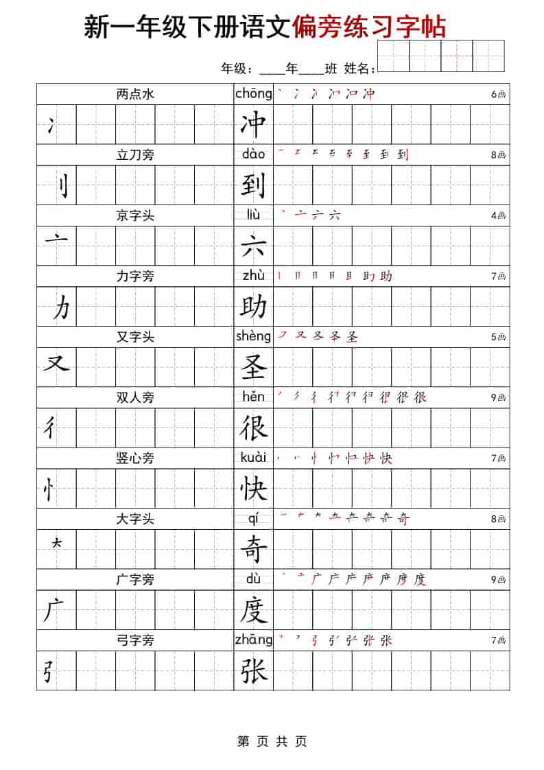 一年级下语文偏旁练习字帖金榜学科-专注整理分享幼、小、初、高学科教资，一站式解决孩子学习资料难题，帮助孩子全方位提升成绩。金榜学科