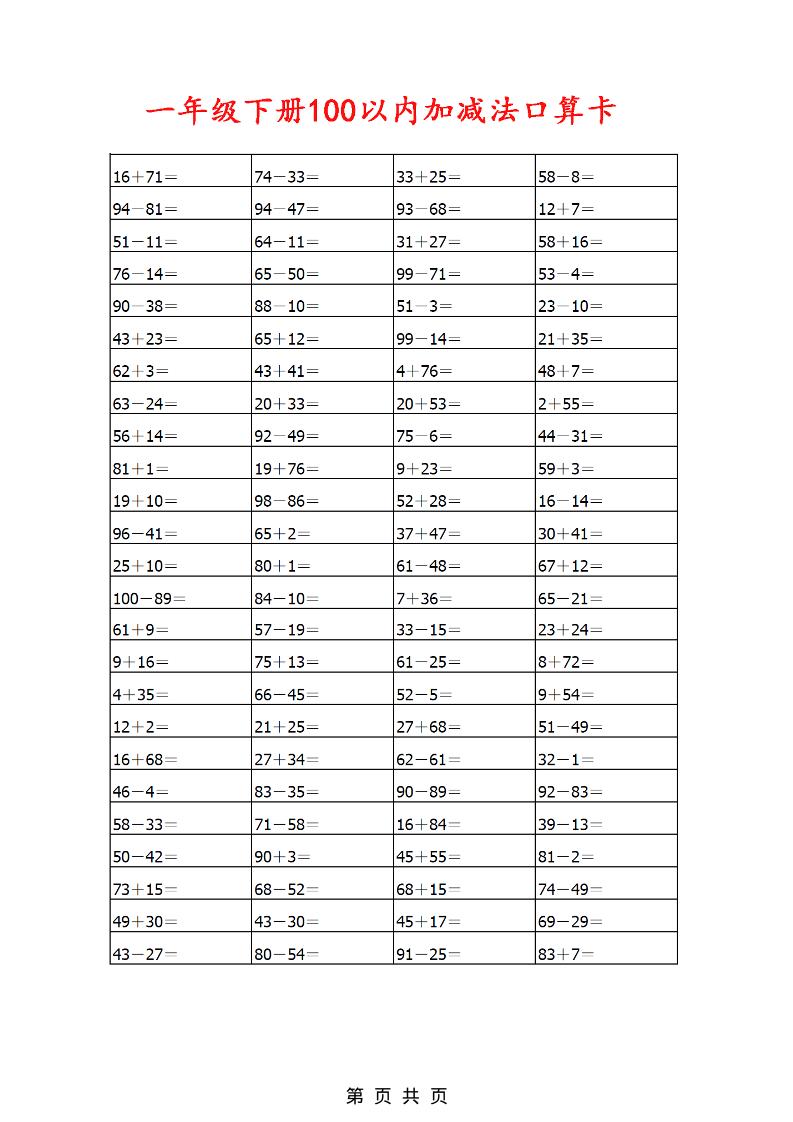 一年级下数学100以内加减法口算卡800道金榜学科-专注整理分享幼、小、初、高学科教资，一站式解决孩子学习资料难题，帮助孩子全方位提升成绩。金榜学科