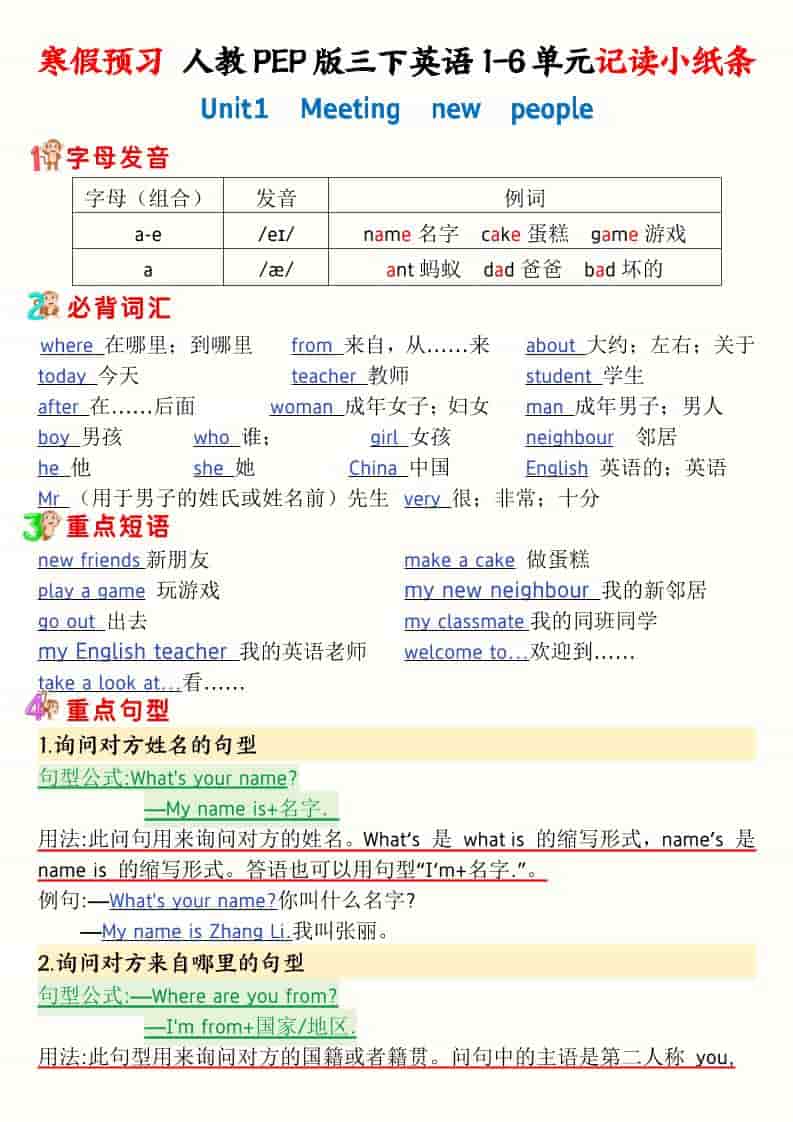 三年级下英语寒假预习1-6单元记读小纸条《人教版PEP》金榜学科-专注整理分享幼、小、初、高学科教资，一站式解决孩子学习资料难题，帮助孩子全方位提升成绩。金榜学科