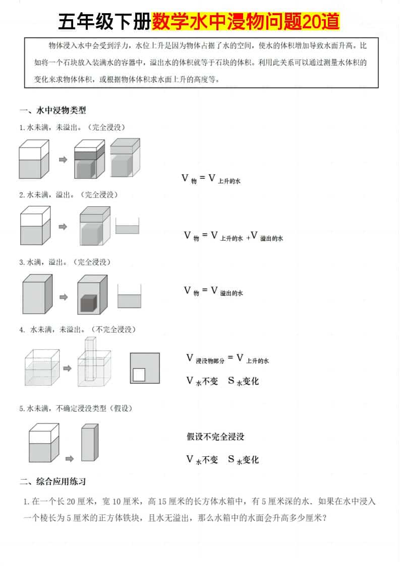 五年级下数学水中浸物问题20道金榜学科-专注整理分享幼、小、初、高学科教资，一站式解决孩子学习资料难题，帮助孩子全方位提升成绩。金榜学科