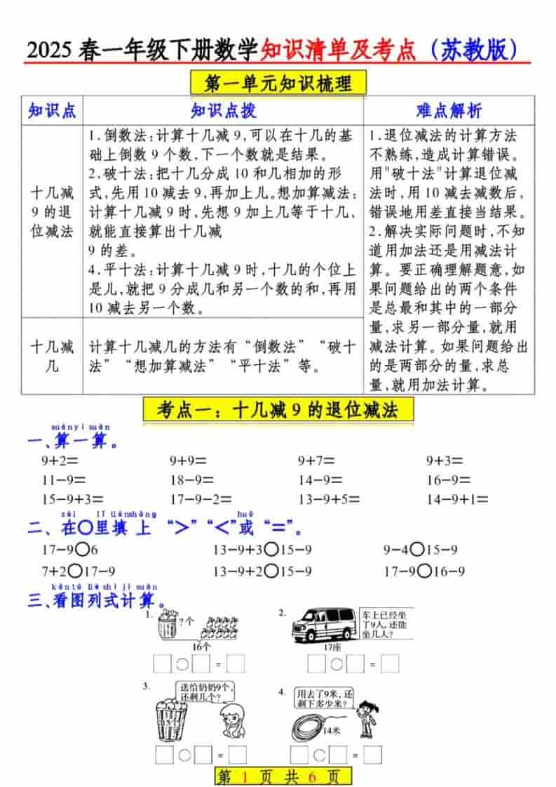 一年级下数学知识清单及考点《苏教版》（衔接版）金榜学科-专注整理分享幼、小、初、高学科教资，一站式解决孩子学习资料难题，帮助孩子全方位提升成绩。金榜学科