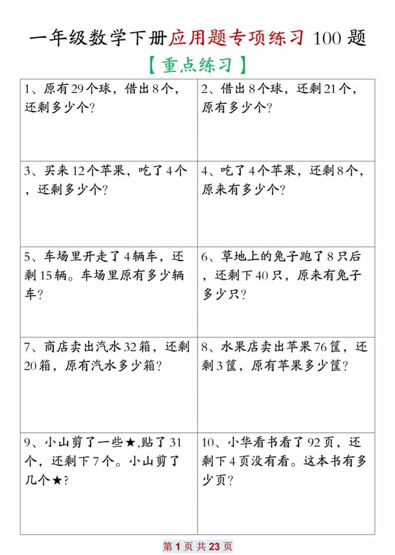 一年级下数学应用题专项练习100题金榜学科-专注整理分享幼、小、初、高学科教资，一站式解决孩子学习资料难题，帮助孩子全方位提升成绩。金榜学科