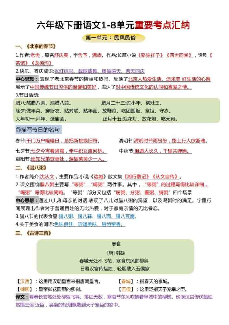 六年级下语文1-8单元重要考点汇总金榜学科-专注整理分享幼、小、初、高学科教资，一站式解决孩子学习资料难题，帮助孩子全方位提升成绩。金榜学科