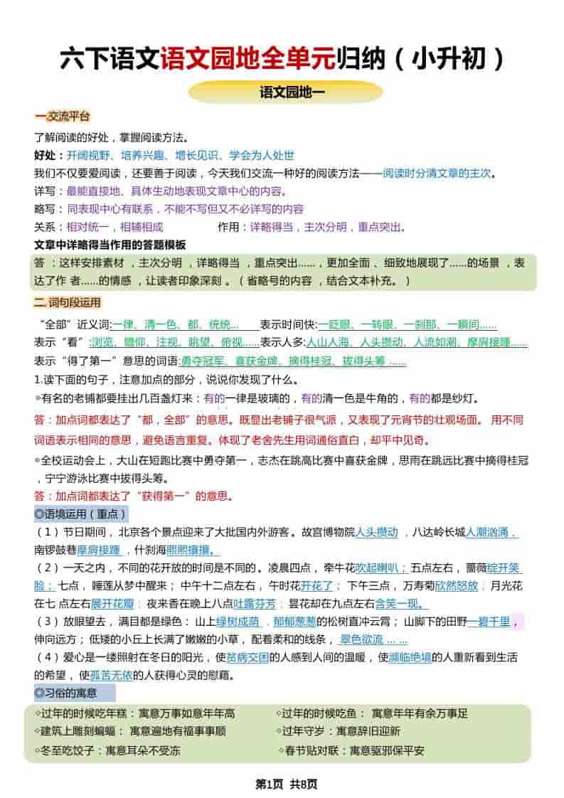 六年级下语文小升初园地全册重点归纳金榜学科-专注整理分享幼、小、初、高学科教资，一站式解决孩子学习资料难题，帮助孩子全方位提升成绩。金榜学科