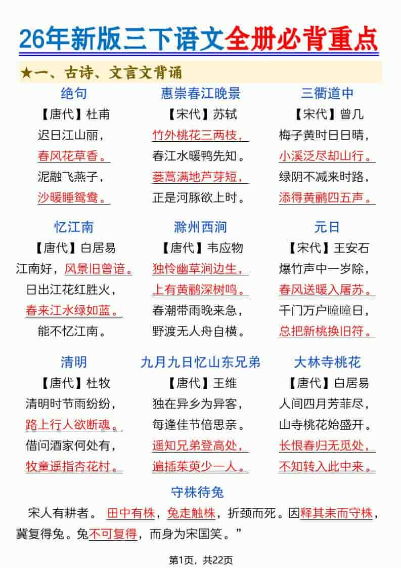 三年级下语文全册必背重点（十二重点知识点）金榜学科-专注整理分享幼、小、初、高学科教资，一站式解决孩子学习资料难题，帮助孩子全方位提升成绩。金榜学科