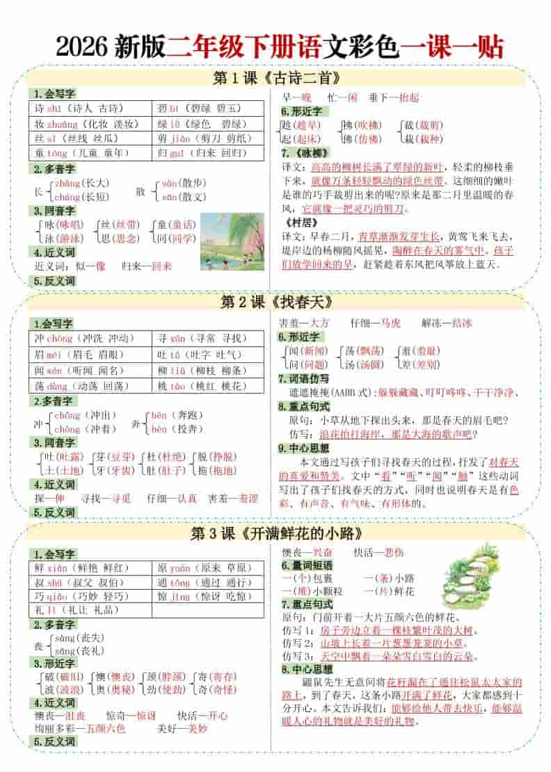 二年级下语文【彩色重点一课一贴】金榜学科-专注整理分享幼、小、初、高学科教资，一站式解决孩子学习资料难题，帮助孩子全方位提升成绩。金榜学科