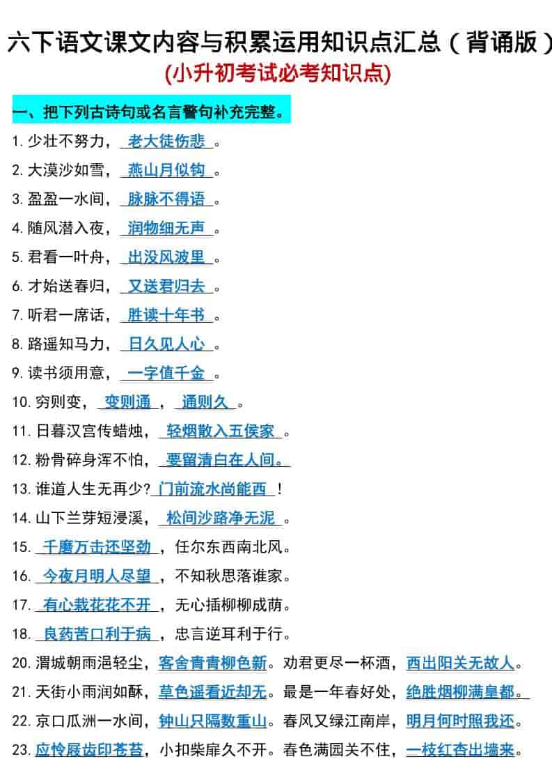 六年级下语文小升初期末必考知识点金榜学科-专注整理分享幼、小、初、高学科教资，一站式解决孩子学习资料难题，帮助孩子全方位提升成绩。金榜学科