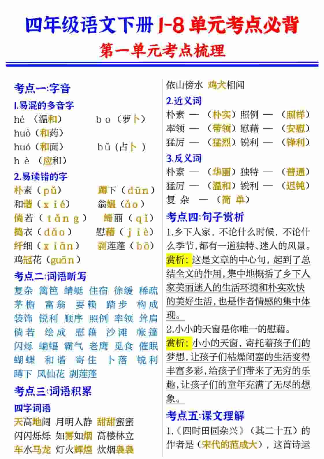 四年级(下）语文1-8单元考点必背金榜学科-专注整理分享幼、小、初、高学科教资，一站式解决孩子学习资料难题，帮助孩子全方位提升成绩。金榜学科