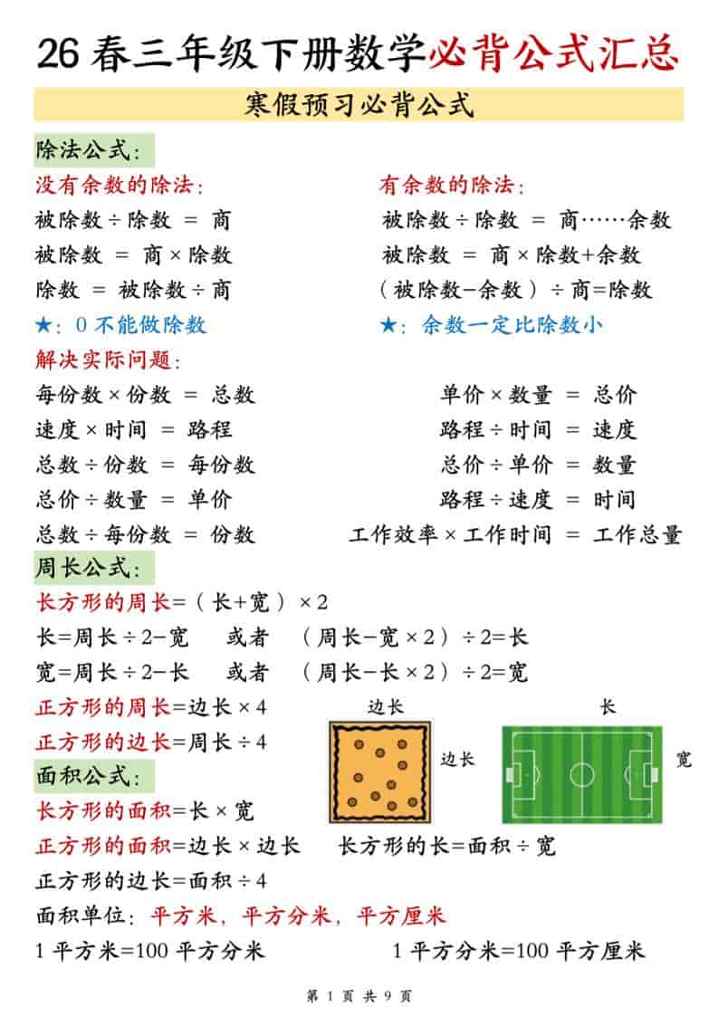 三年级下数学26春必背公式汇总金榜学科-专注整理分享幼、小、初、高学科教资，一站式解决孩子学习资料难题，帮助孩子全方位提升成绩。金榜学科