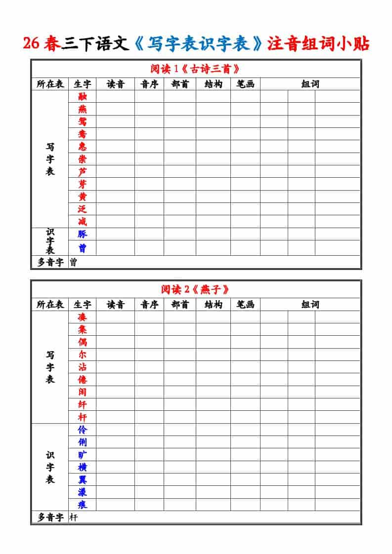 三年级下语文26春《写字表识字表》注音组词小贴金榜学科-专注整理分享幼、小、初、高学科教资，一站式解决孩子学习资料难题，帮助孩子全方位提升成绩。金榜学科