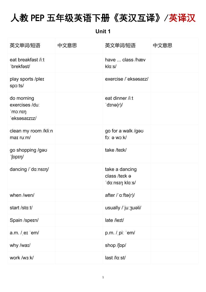 五年级下英语英汉互译练习《人教版PEP》金榜学科-专注整理分享幼、小、初、高学科教资，一站式解决孩子学习资料难题，帮助孩子全方位提升成绩。金榜学科