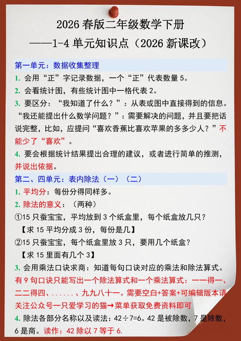 2026春新版二年级下数学1-4单元知识点《人教版》金榜学科-专注整理分享幼、小、初、高学科教资，一站式解决孩子学习资料难题，帮助孩子全方位提升成绩。金榜学科