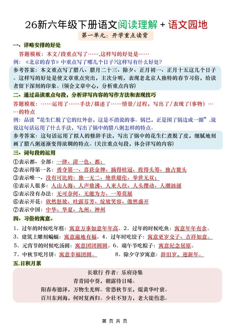 六年级下语文阅读理解＋语文园地金榜学科-专注整理分享幼、小、初、高学科教资，一站式解决孩子学习资料难题，帮助孩子全方位提升成绩。金榜学科