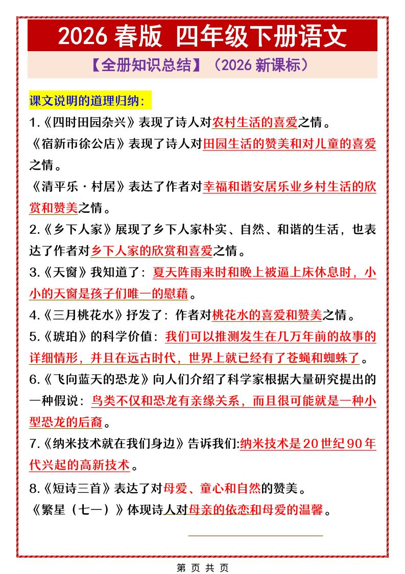四年级下语文全册中心思想总结归纳金榜学科-专注整理分享幼、小、初、高学科教资，一站式解决孩子学习资料难题，帮助孩子全方位提升成绩。金榜学科