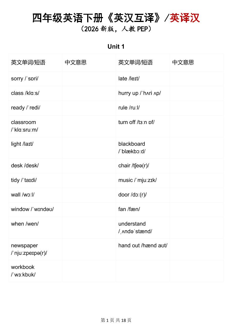 四年级下英语英汉互译练习《人教版PEP》金榜学科-专注整理分享幼、小、初、高学科教资，一站式解决孩子学习资料难题，帮助孩子全方位提升成绩。金榜学科