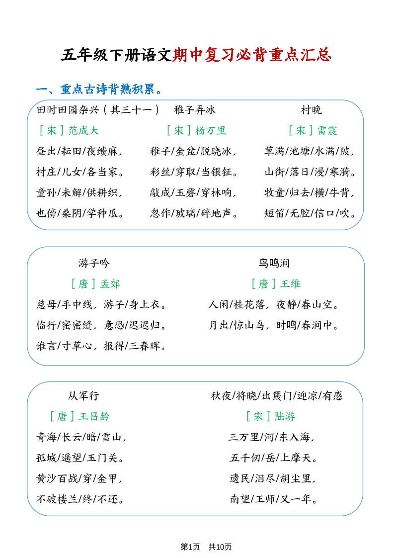 五年级下语文期中复习重点知识点汇总1金榜学科-专注整理分享幼、小、初、高学科教资，一站式解决孩子学习资料难题，帮助孩子全方位提升成绩。金榜学科