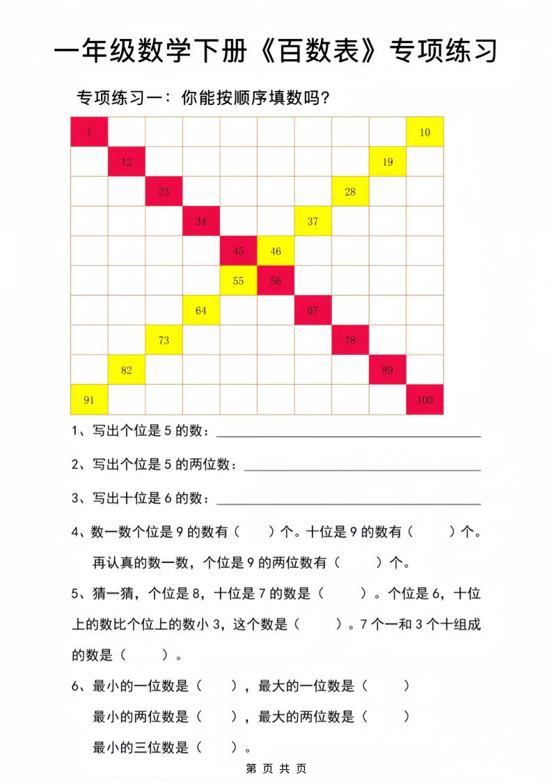 一年级下数学百数表专项练习2金榜学科-专注整理分享幼、小、初、高学科教资，一站式解决孩子学习资料难题，帮助孩子全方位提升成绩。金榜学科