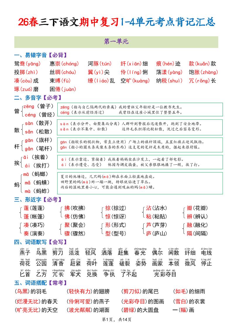 三年级下语文期中复习1-4单元考点背记汇总金榜学科-专注整理分享幼、小、初、高学科教资，一站式解决孩子学习资料难题，帮助孩子全方位提升成绩。金榜学科