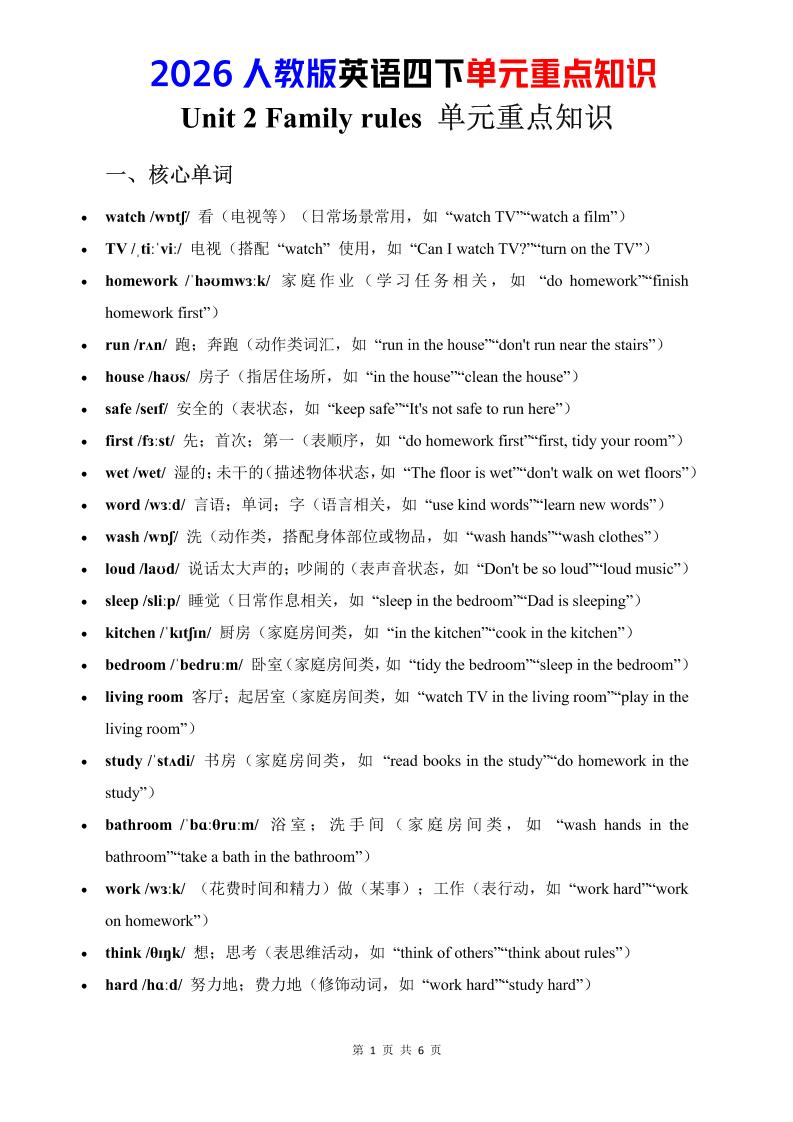 四年级下英语Unit2重点知识汇总《人教版PEP》金榜学科-专注整理分享幼、小、初、高学科教资，一站式解决孩子学习资料难题，帮助孩子全方位提升成绩。金榜学科