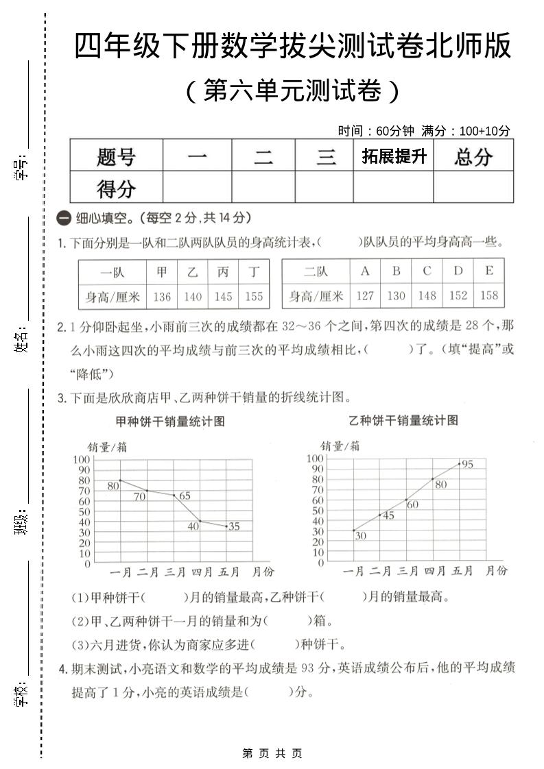 四年级下数学第六单元拔尖测试卷《北师版》金榜学科-专注整理分享幼、小、初、高学科教资，一站式解决孩子学习资料难题，帮助孩子全方位提升成绩。金榜学科
