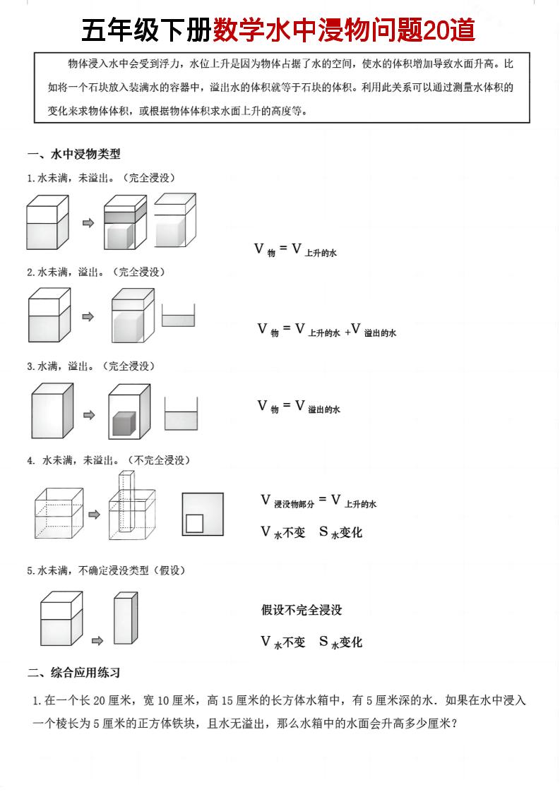 五年级下数学水中浸物问题20道pdf金榜学科-专注整理分享幼、小、初、高学科教资，一站式解决孩子学习资料难题，帮助孩子全方位提升成绩。金榜学科