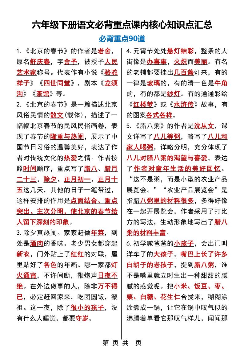 六年级下语文必背重点课内核心知识点汇总90道金榜学科-专注整理分享幼、小、初、高学科教资，一站式解决孩子学习资料难题，帮助孩子全方位提升成绩。金榜学科