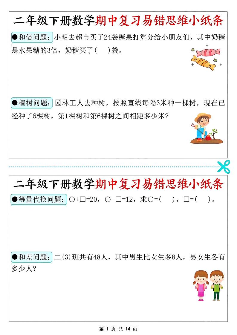 二年级下数学期中复习易错思维小纸条金榜学科-专注整理分享幼、小、初、高学科教资，一站式解决孩子学习资料难题，帮助孩子全方位提升成绩。金榜学科