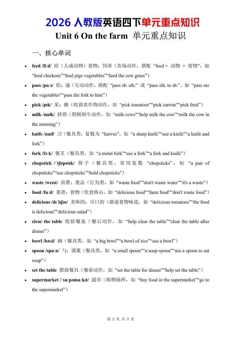 四年级下英语Unit6重点知识汇总《人教版PEP》金榜学科-专注整理分享幼、小、初、高学科教资，一站式解决孩子学习资料难题，帮助孩子全方位提升成绩。金榜学科