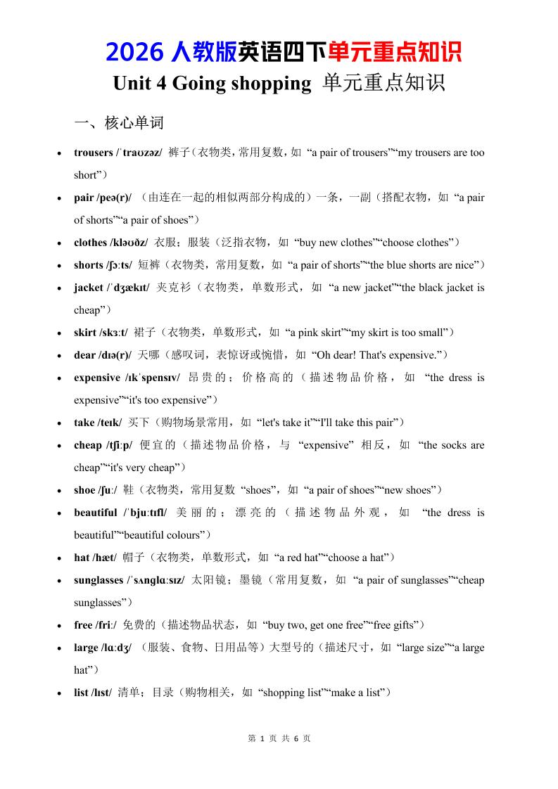四年级下英语Unit4重点知识汇总《人教版PEP》金榜学科-专注整理分享幼、小、初、高学科教资，一站式解决孩子学习资料难题，帮助孩子全方位提升成绩。金榜学科