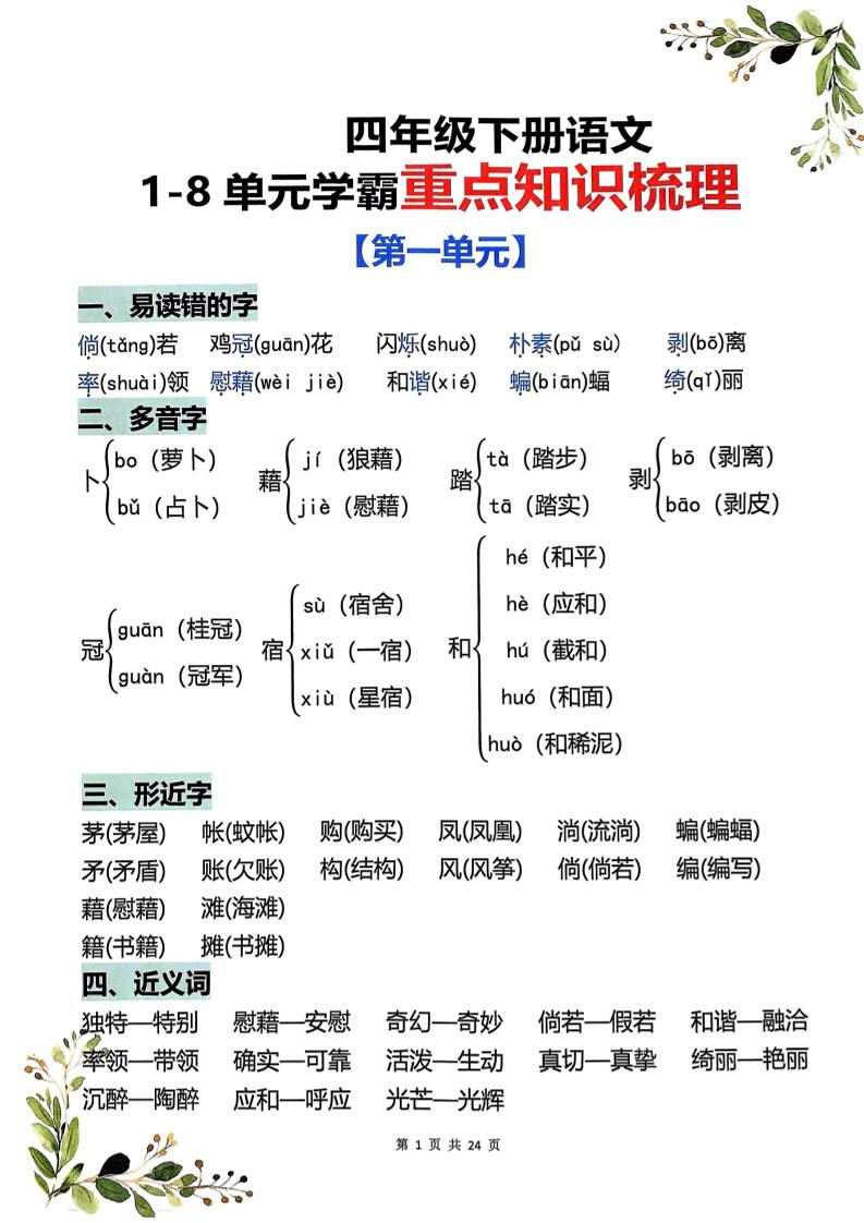 四年级下语文1-8单元学霸重点知识梳理金榜学科-专注整理分享幼、小、初、高学科教资，一站式解决孩子学习资料难题，帮助孩子全方位提升成绩。金榜学科