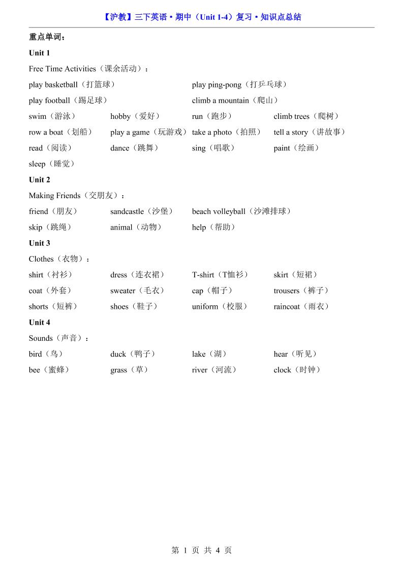 三年级下英语期中复习知识点《沪教版》金榜学科-专注整理分享幼、小、初、高学科教资，一站式解决孩子学习资料难题，帮助孩子全方位提升成绩。金榜学科